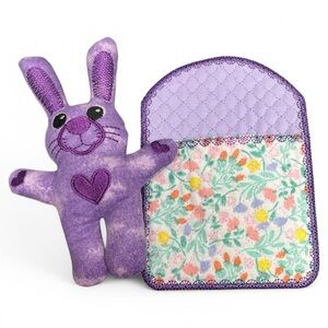 Hand Crafted Purple Bunny Plush Toy with Quilted Floral Blanket Sleeping Bag